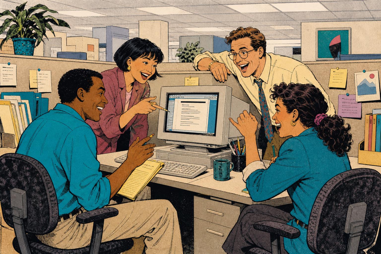 Coworkers rolling their chairs together around one shared desktop computer in a 1990s cubicle
